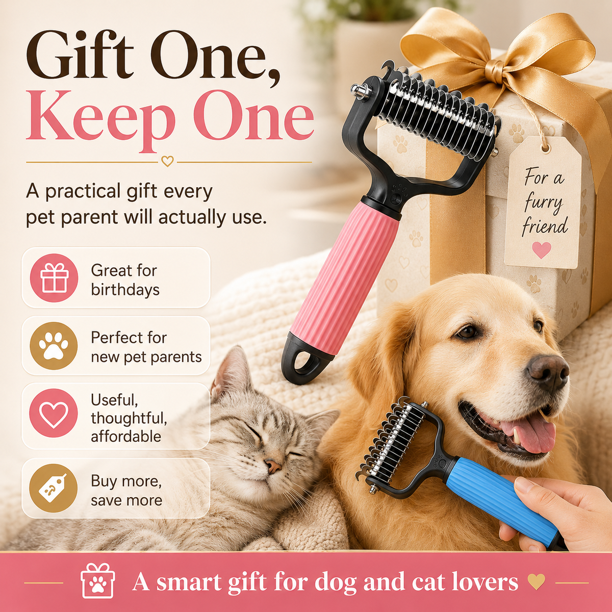 🔥lnoreva® Dual-Sided Pet Grooming Rake 🐾Gentle De-Shedding & Detangling Comb for Dogs🐶 & Cats🐱1