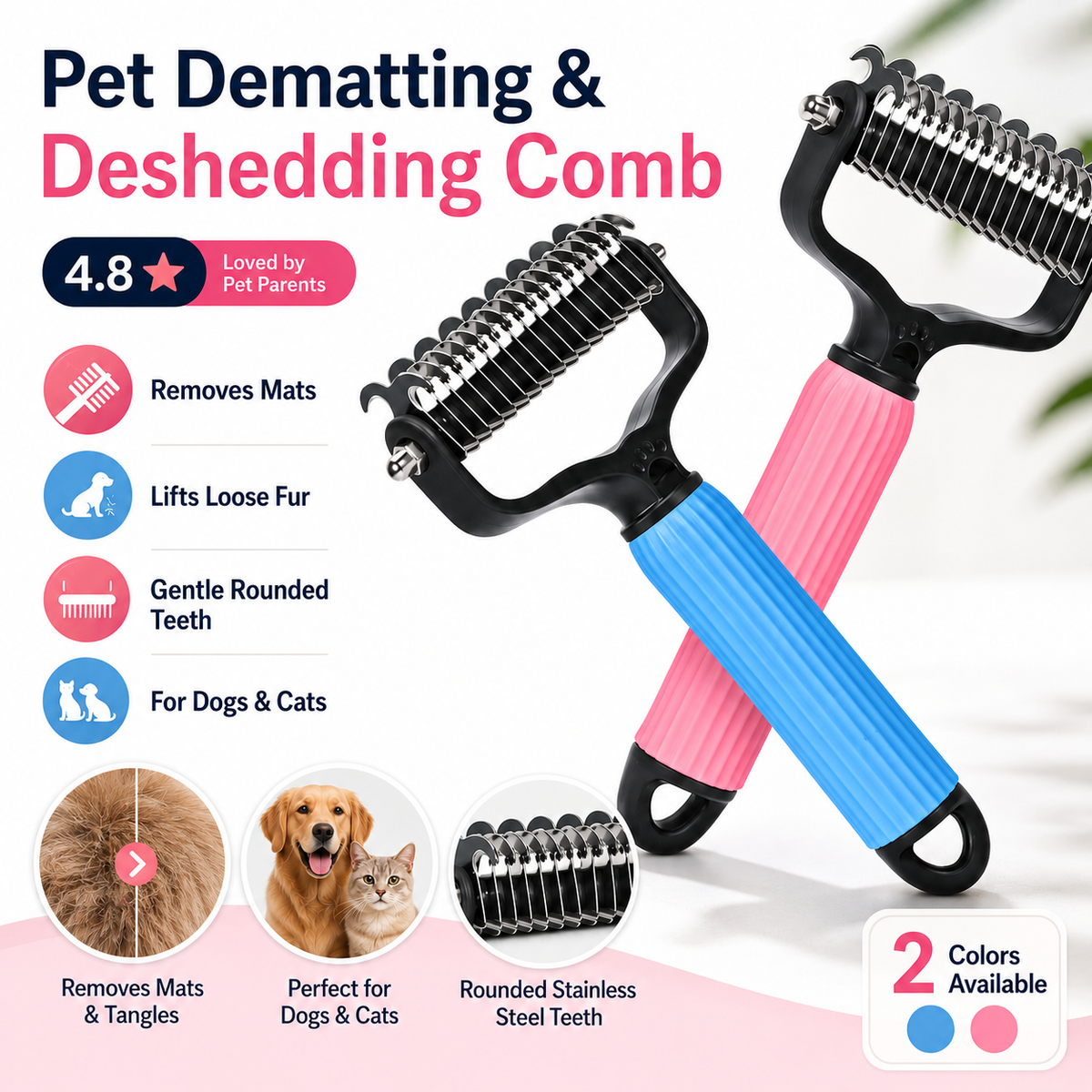 🔥lnoreva® Dual-Sided Pet Grooming Rake 🐾Gentle De-Shedding & Detangling Comb for Dogs🐶 & Cats🐱1