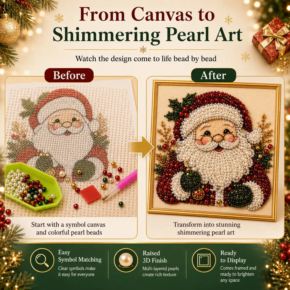 Before and after example of Santa Christmas pearl diamond painting craft