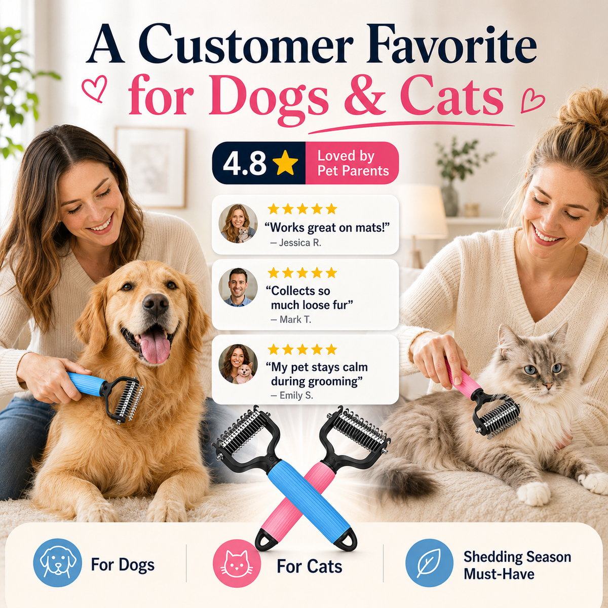 🔥lnoreva® Dual-Sided Pet Grooming Rake 🐾Gentle De-Shedding & Detangling Comb for Dogs🐶 & Cats🐱1