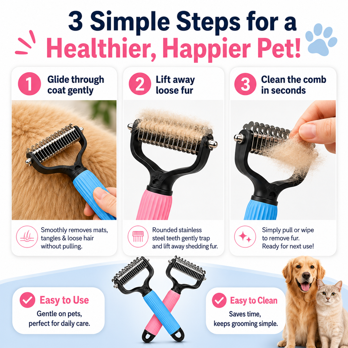 🔥lnoreva® Dual-Sided Pet Grooming Rake 🐾Gentle De-Shedding & Detangling Comb for Dogs🐶 & Cats🐱1