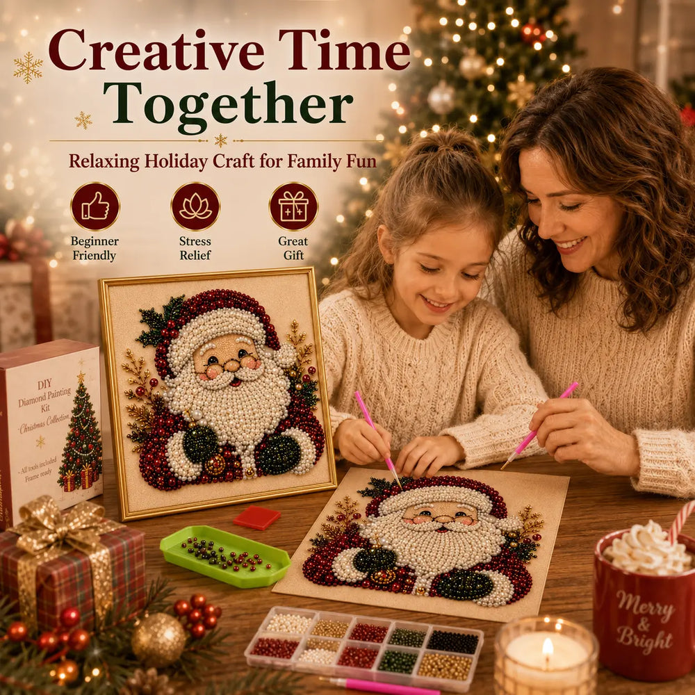 Mother and daughter enjoying Christmas pearl bead painting at a festive table