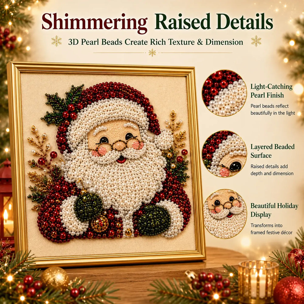 Close-up of three-dimensional pearl and rhinestone Santa Christmas artwork