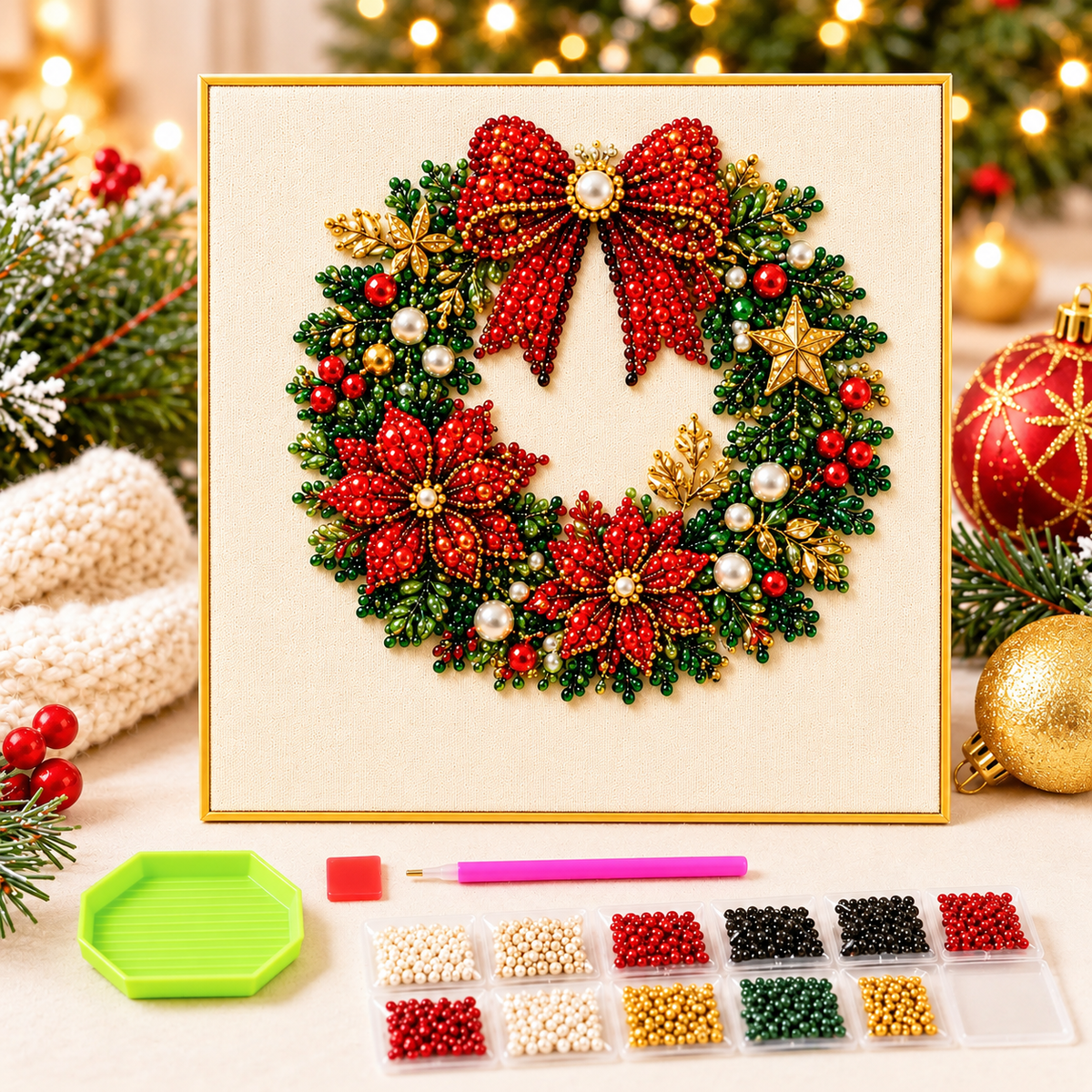 3D Beaded Christmas Pearl Diamond Painting – Xmas Wreath Stocking DIY Wall Decor