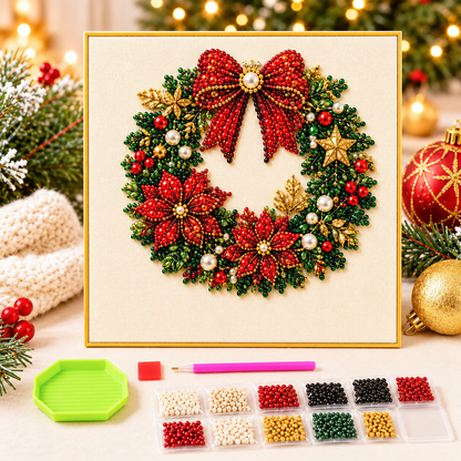 3D Beaded Christmas Pearl Diamond Painting – Xmas Wreath Stocking DIY Wall Decor