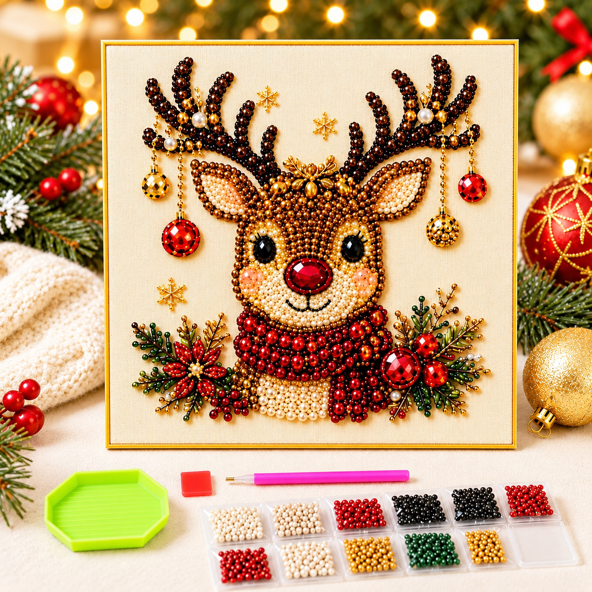 3D Beaded Christmas Pearl Diamond Painting – Xmas Wreath Stocking DIY Wall Decor