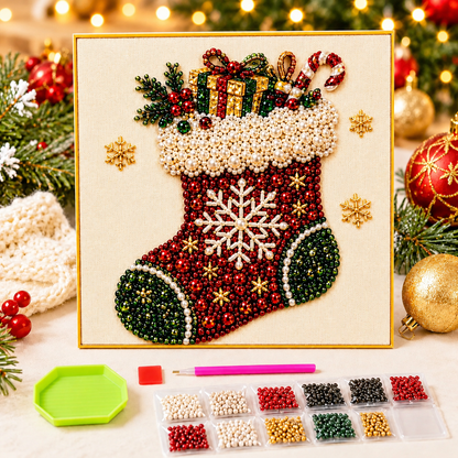 3D Beaded Christmas Pearl Diamond Painting – Xmas Wreath Stocking DIY Wall Decor