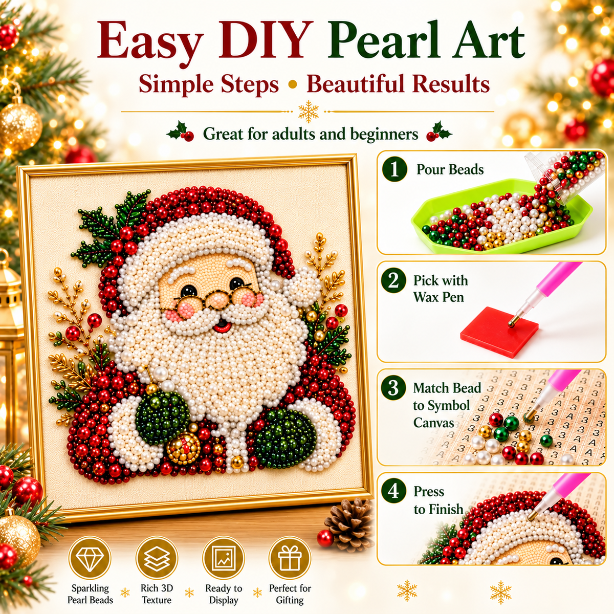 3D Beaded Christmas Pearl Diamond Painting – Xmas Wreath Stocking DIY Wall Decor