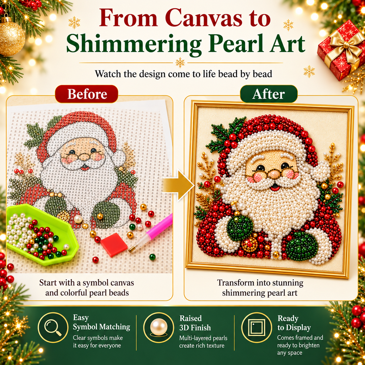3D Beaded Christmas Pearl Diamond Painting – Xmas Wreath Stocking DIY Wall Decor