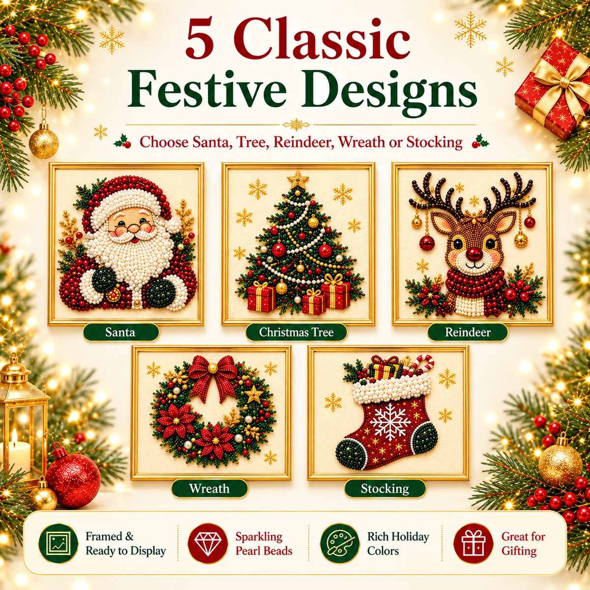 3D Beaded Christmas Pearl Diamond Painting – Xmas Wreath Stocking DIY Wall Decor