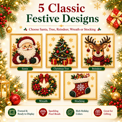 3D Beaded Christmas Pearl Diamond Painting – Xmas Wreath Stocking DIY Wall Decor