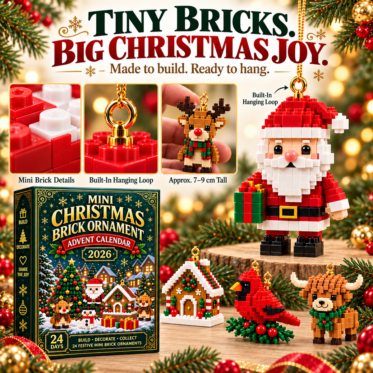 🎄24-Day Christmas Advent Calendar – 24 Buildable Ornaments for Kids, Family Fun & Holiday Decor | inoreva®