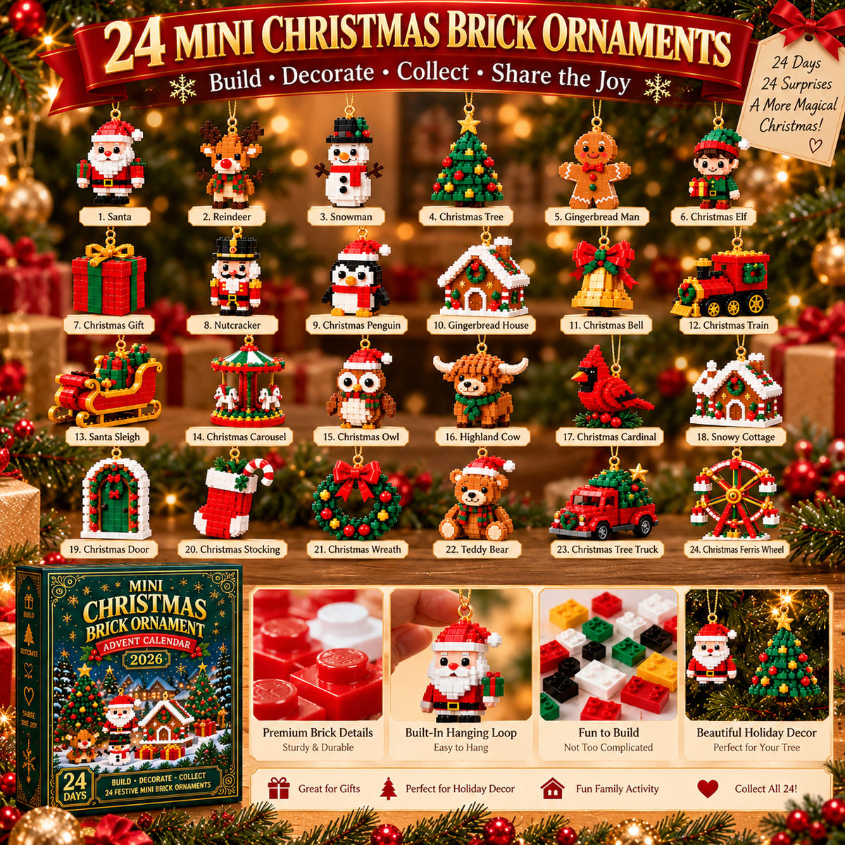 🎄24-Day Christmas Advent Calendar – 24 Buildable Ornaments for Kids, Family Fun & Holiday Decor | inoreva®