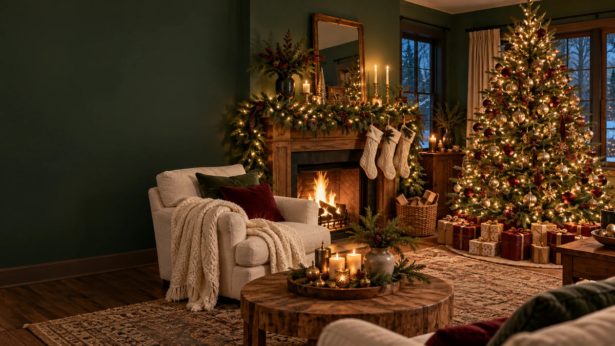 A welcoming Christmas home with a decorated tree, warm lights, stockings and wrapped gifts